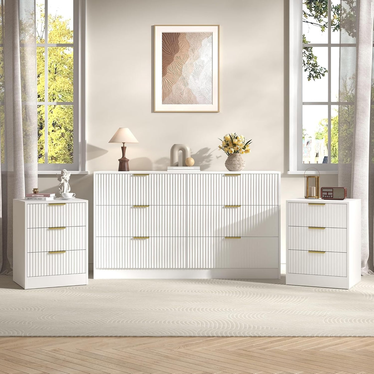 6 Drawer Dresser & 2-Drawer Nightstand Set 3-Piece, White丨55 Wide Bedroom Set Night Stand Set of 2 with Metal Handle, Fluted Wood Chest of Drawers Storage Dressers Set for Bedroom