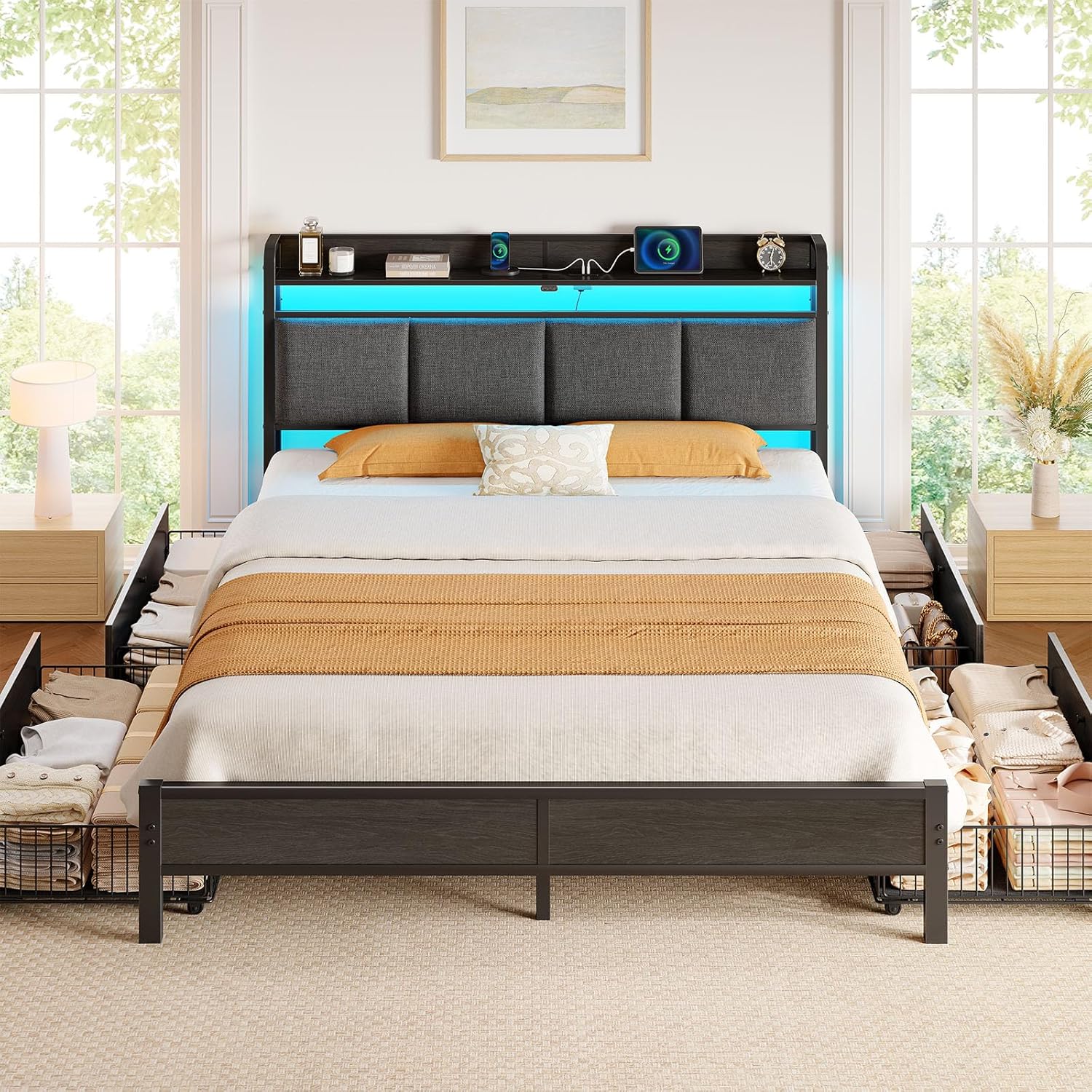 Full Size Bed Frame with Charging Station and LED Lights