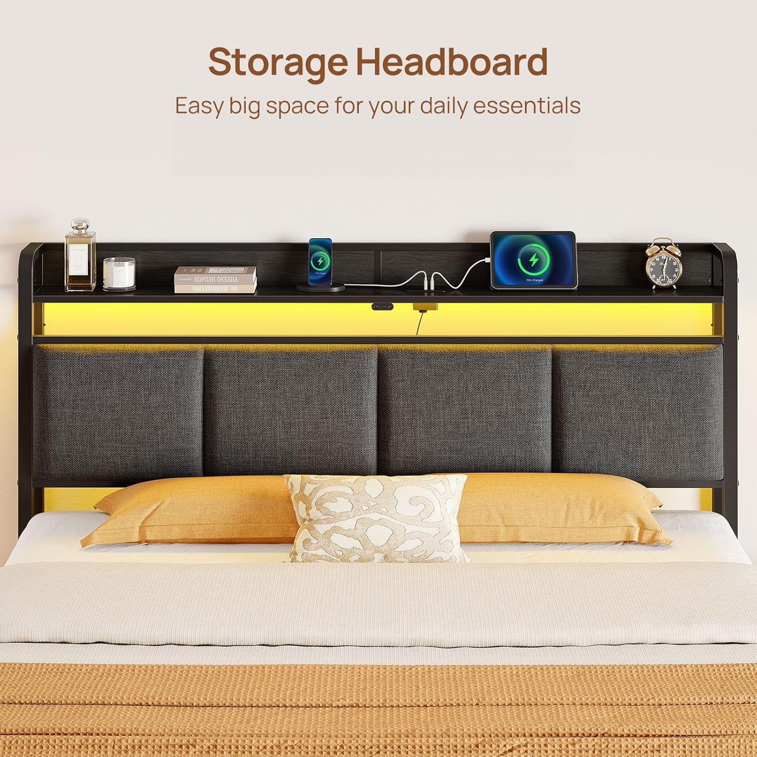 Full Size Bed Frame with Charging Station and LED Lights 7