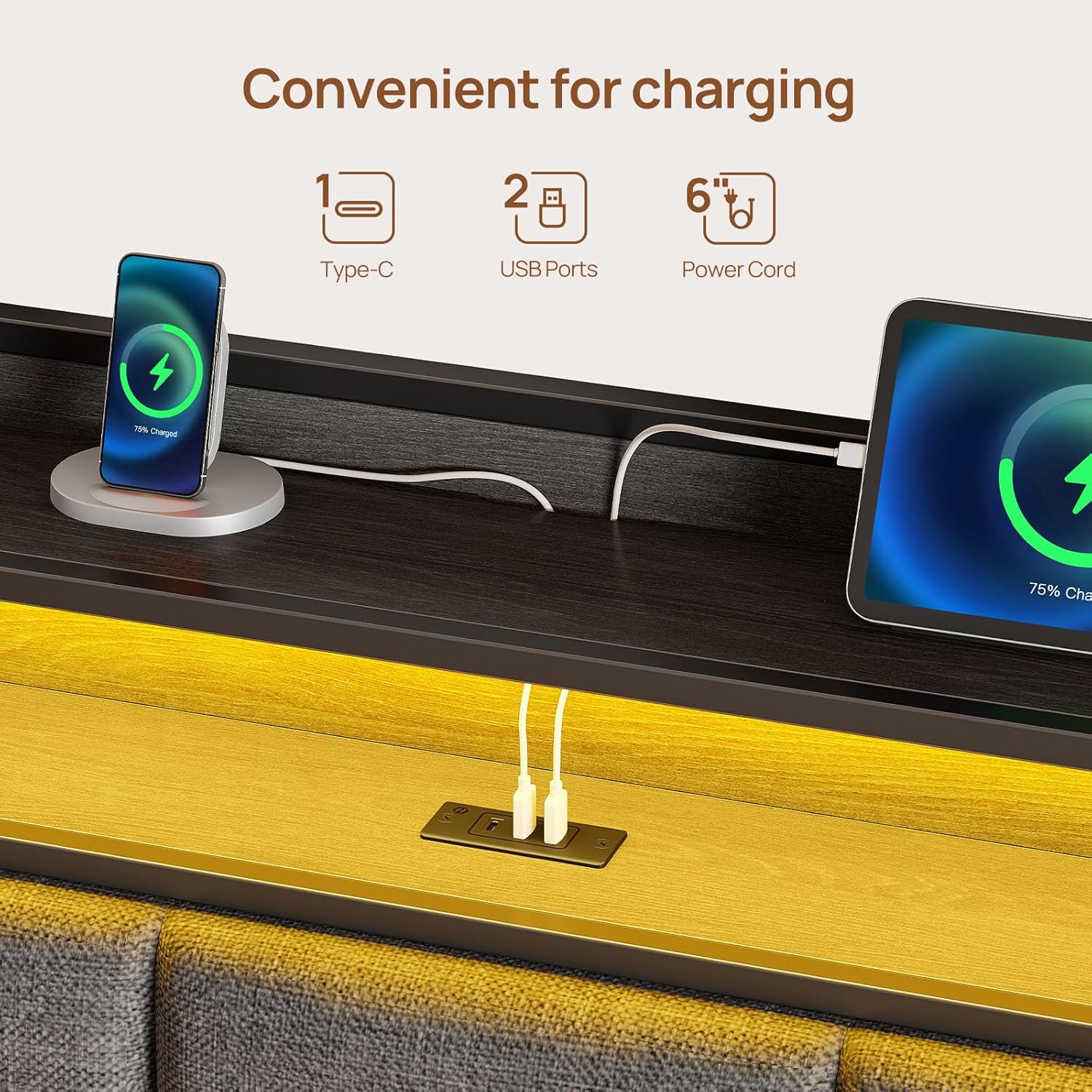 Full Size Bed Frame with Charging Station and LED Lights 6