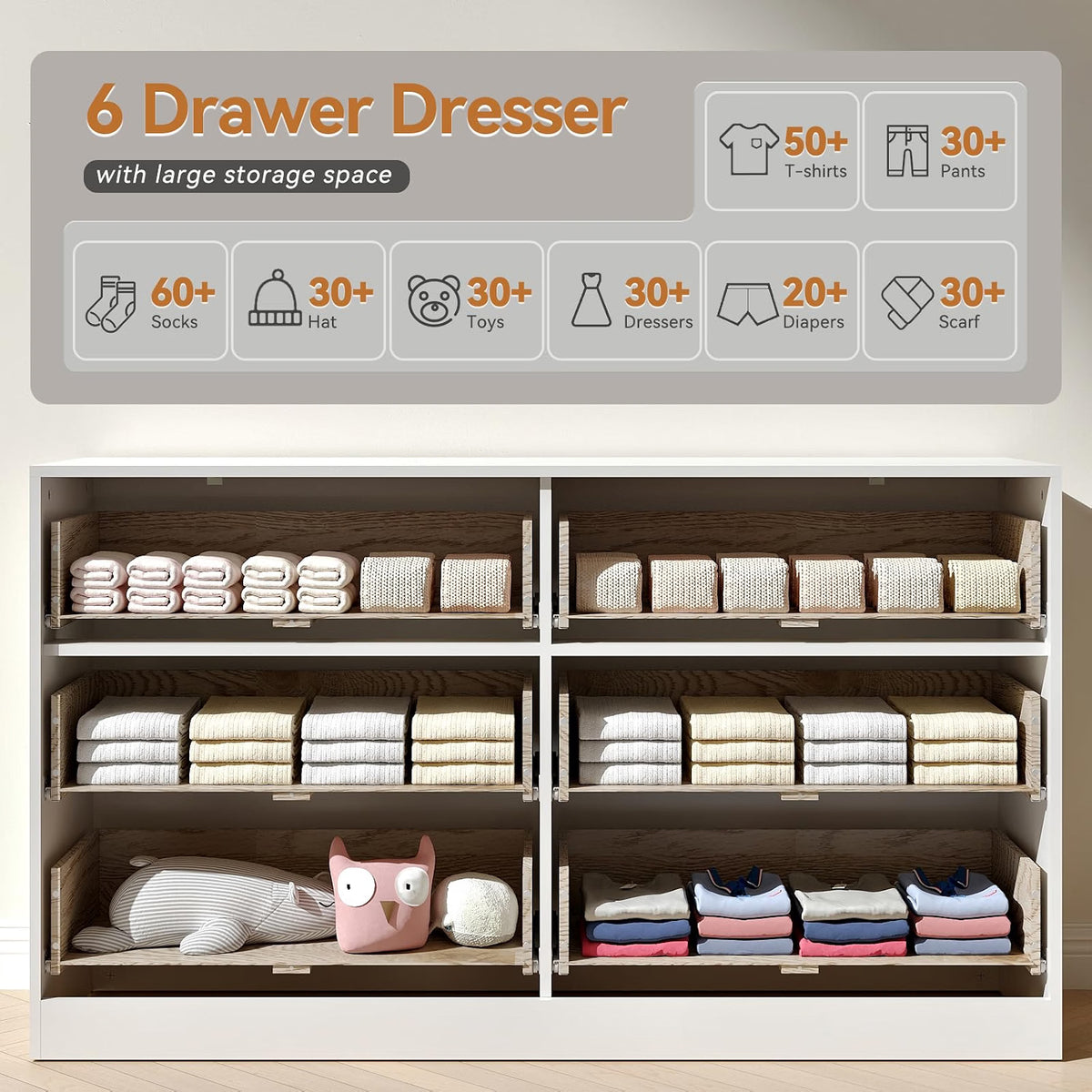 6 Drawer Dresser & 2-Drawer Nightstand Set 3-Piece, White丨55 Wide Bedroom Set Night Stand Set of 2 with Metal Handle, Fluted Wood Chest of Drawers Storage Dressers Set for Bedroom