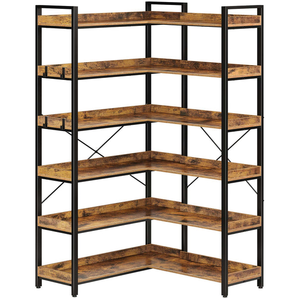 6-Tier Corner Bookshelf with 4 Hooks, 69" Tall