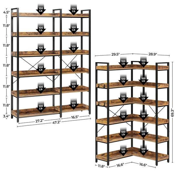 6-Tier Corner Bookshelf with 4 Hooks, 69" Tall 2