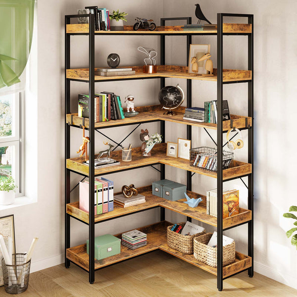6-Tier Corner Bookshelf with 4 Hooks, 69" Tall 3