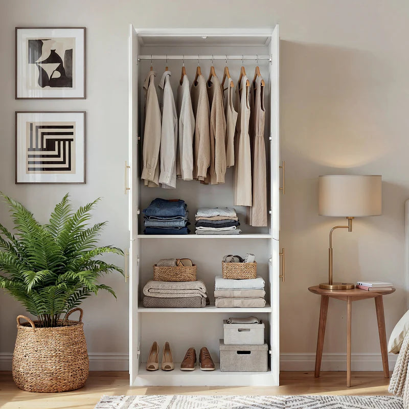 White Wood 4-Door Armoire with Hanging Rod & 2 Spacious Storage Shelves for Bedroom