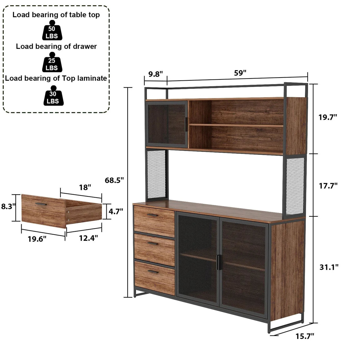 Brown Wood Kitchen Buffet Pantry with 3 Mesh Doors & Drawers, Sideboard for Dining Room