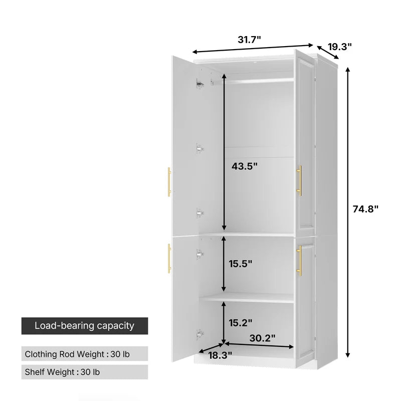 White Wood 4-Door Armoire with Hanging Rod & 2 Spacious Storage Shelves for Bedroom