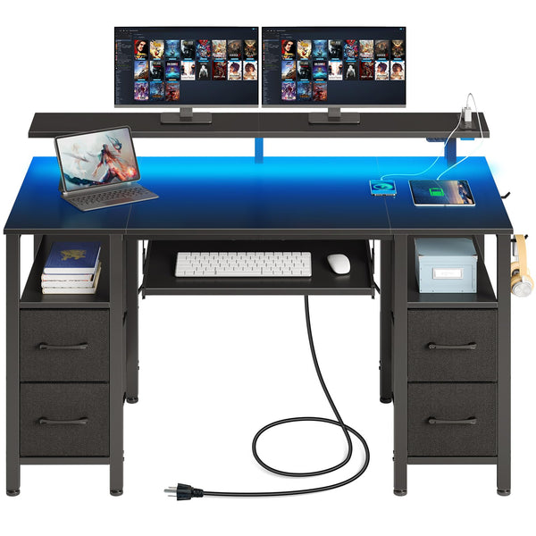 Computer Desk 47.2" with LED Lights & Power Outlets, 4 Drawers