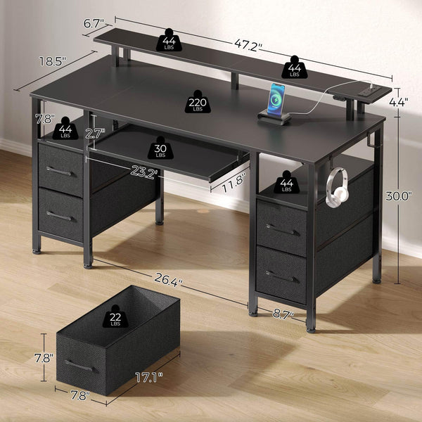 Computer Desk 47.2" with LED Lights & Power Outlets, 4 Drawers 2