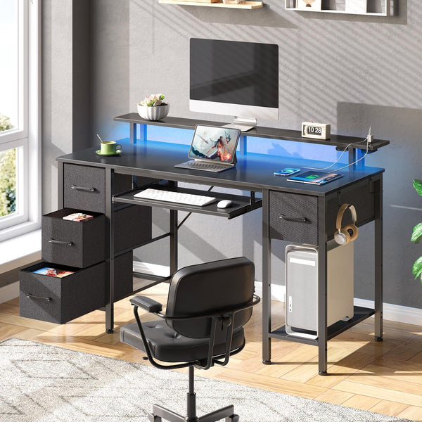 Computer Desk 47.2" with LED Lights & Power Outlets, 4 Drawers 3