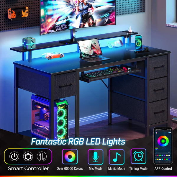 Computer Desk 47.2" with LED Lights & Power Outlets, 4 Drawers 4