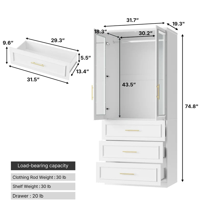 81 cm Modern White Glass Door Armoire with Hanging Rod and 3 Drawers