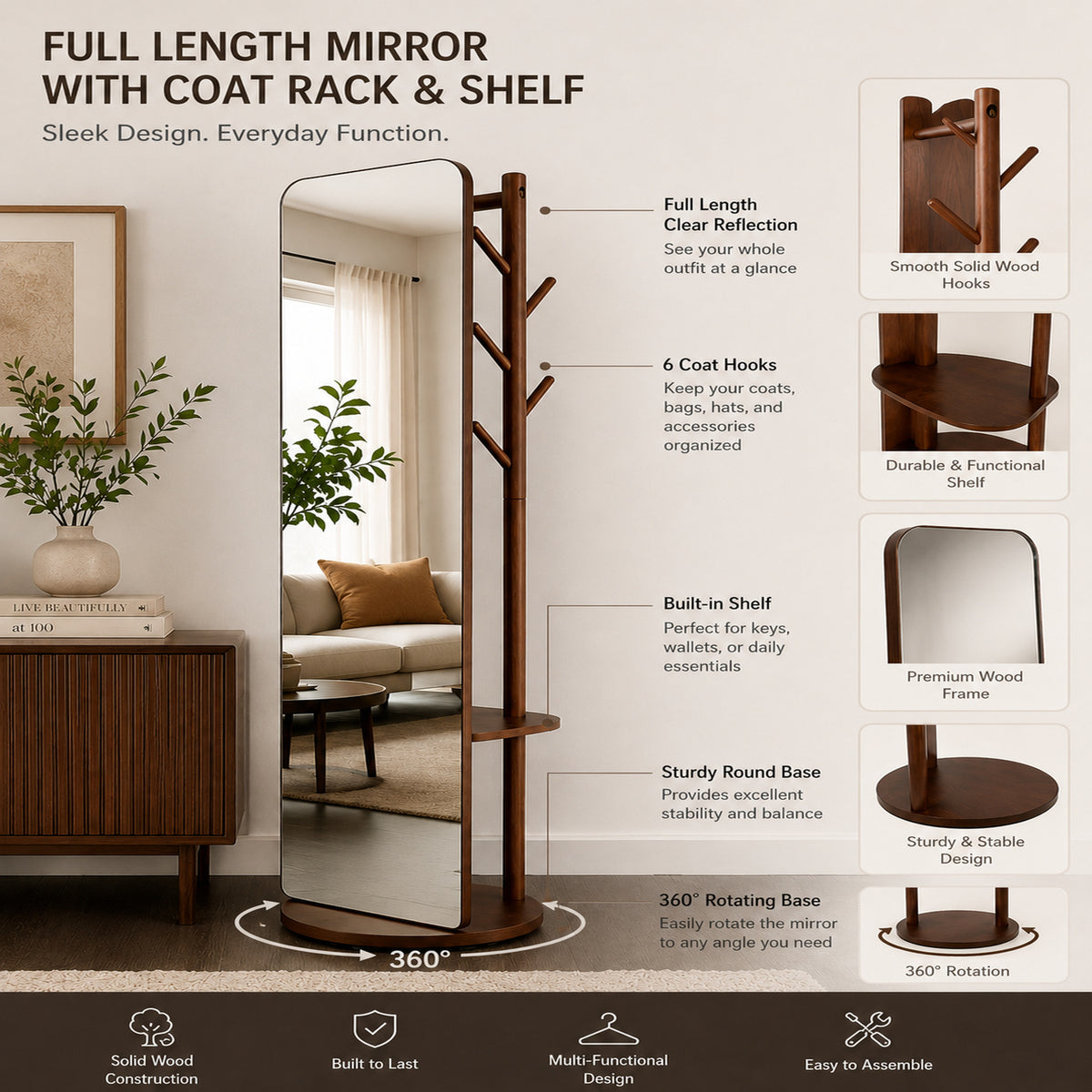 Floor Mirror with Coat Hooks and build-in shelf