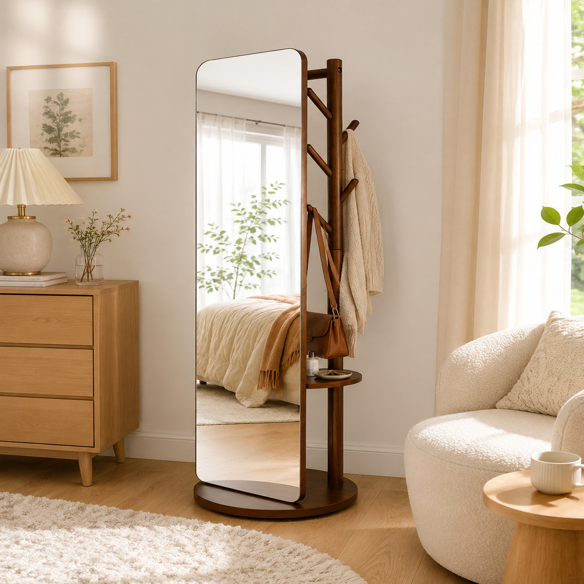 Floor Mirror with Coat Hooks and build-in shelf