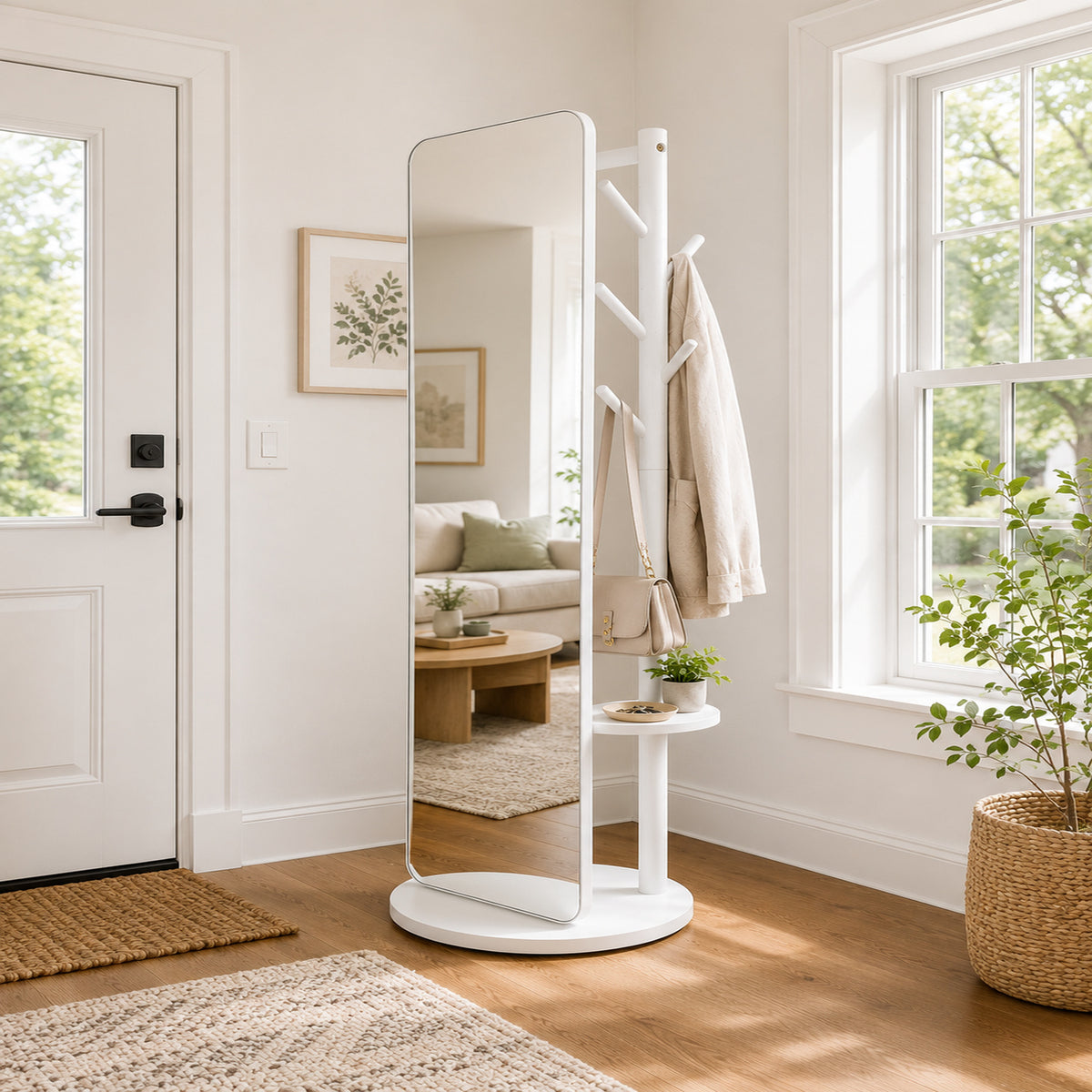 Floor Mirror with Coat Hooks and build-in shelf