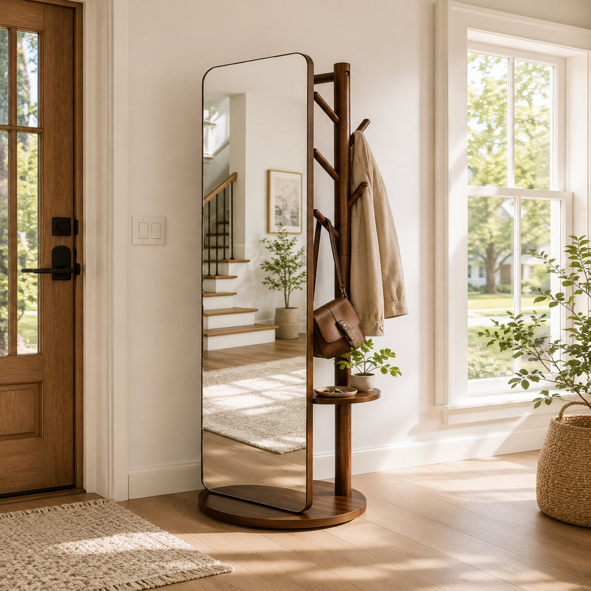 Floor Mirror with Coat Hooks and build-in shelf