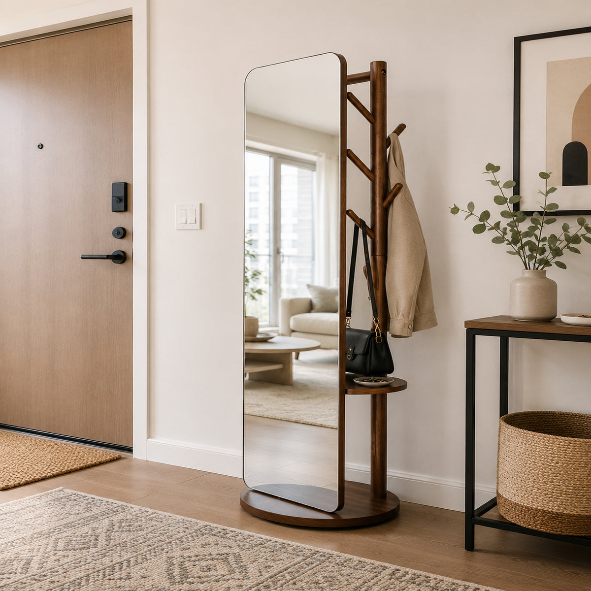 Floor Mirror with Coat Hooks and build-in shelf