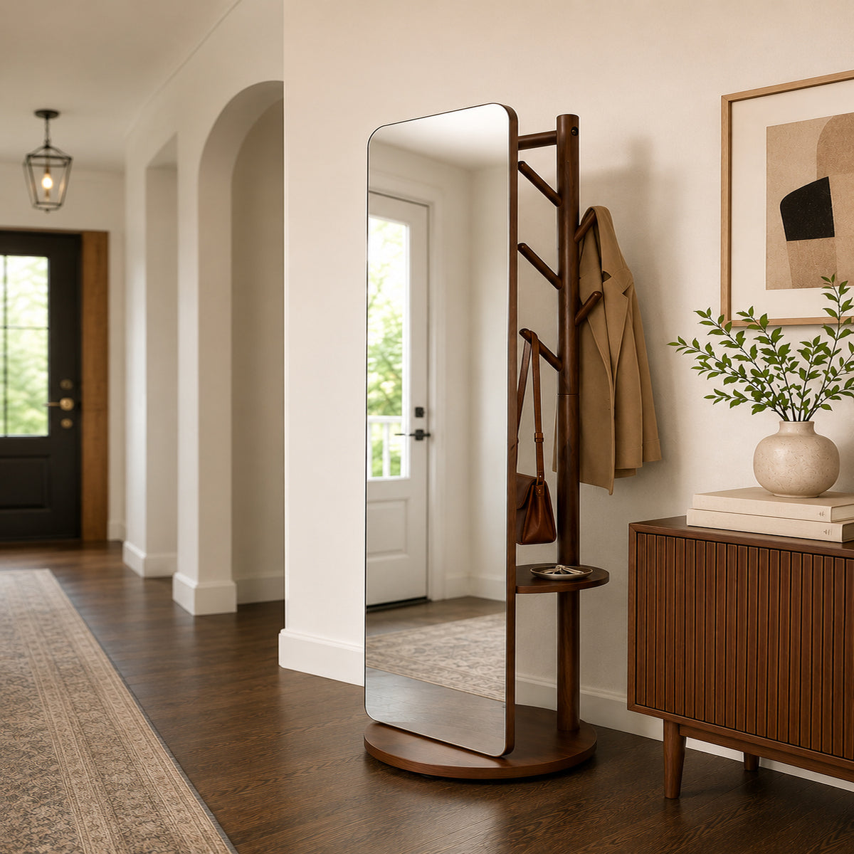 Floor Mirror with Coat Hooks and build-in shelf