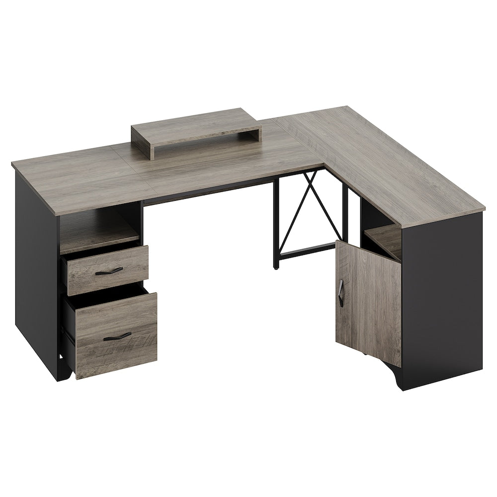 63" L-Shaped Desk with File Drawers and Storage Cabinet, Gray