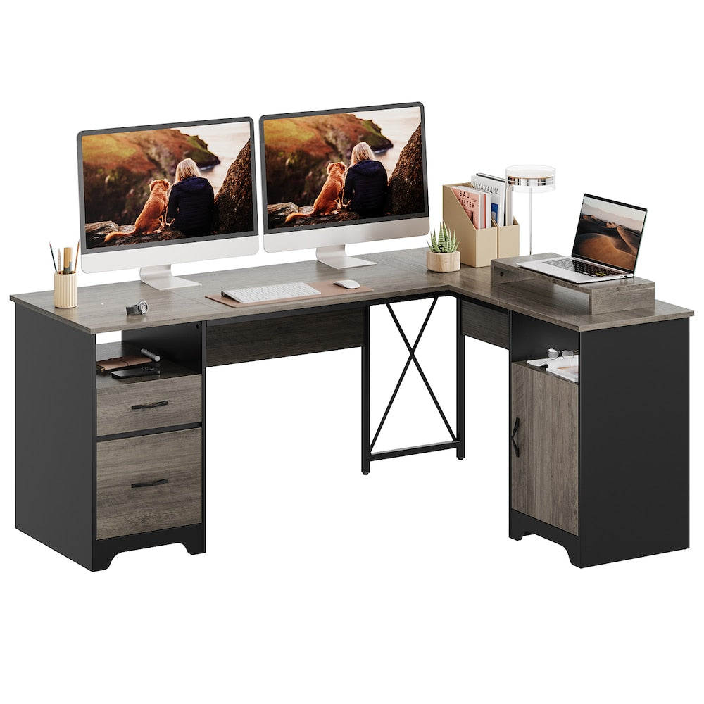 63" L-Shaped Desk with File Drawers and Storage Cabinet, Gray 4