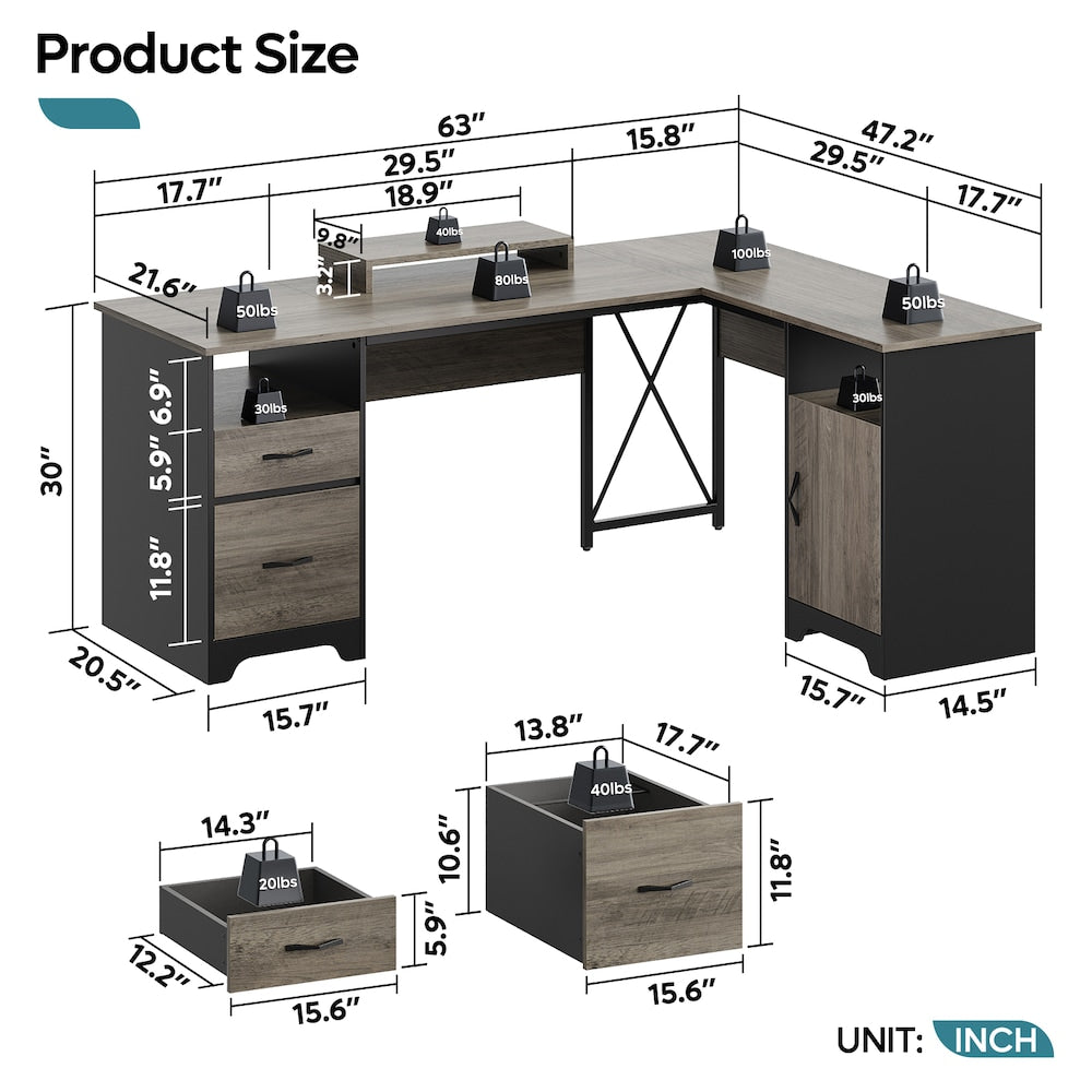 63" L-Shaped Desk with File Drawers and Storage Cabinet, Gray 5