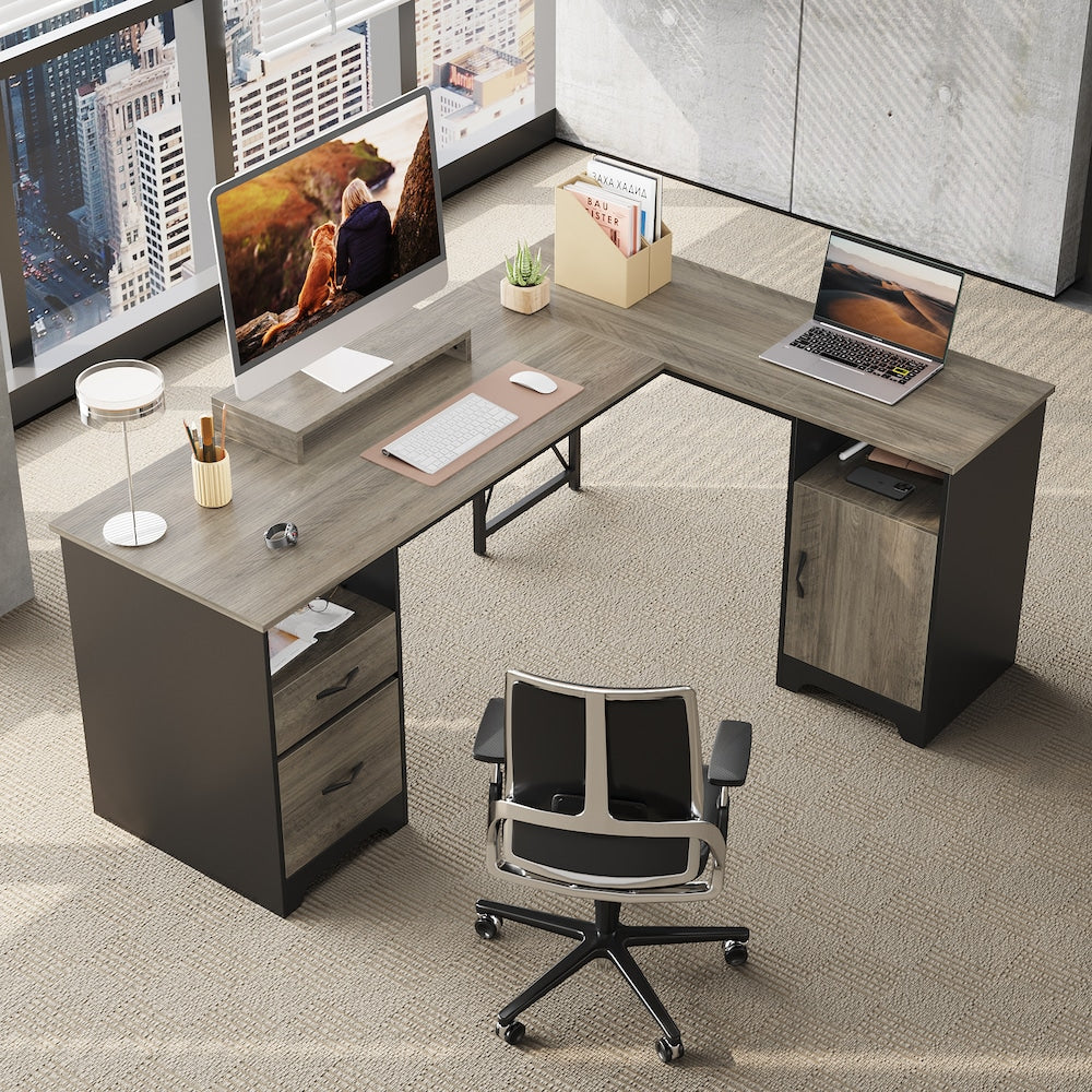 63" L-Shaped Desk with File Drawers and Storage Cabinet, Gray 6