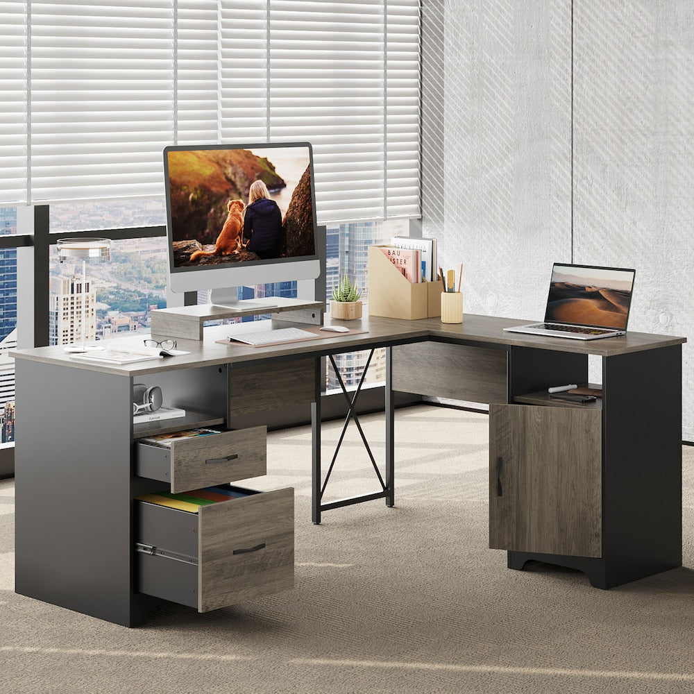63" L-Shaped Desk with File Drawers and Storage Cabinet, Gray 3