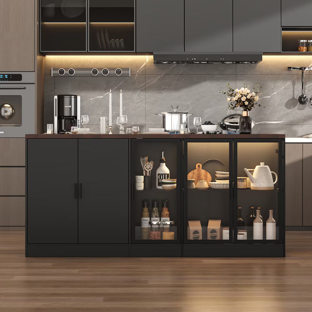 Black Kitchen Island Dining Bar Table with L-Shaped Brown Wood Countertop, 3 Drawers, Glass Doors & 3-Color LED Lights