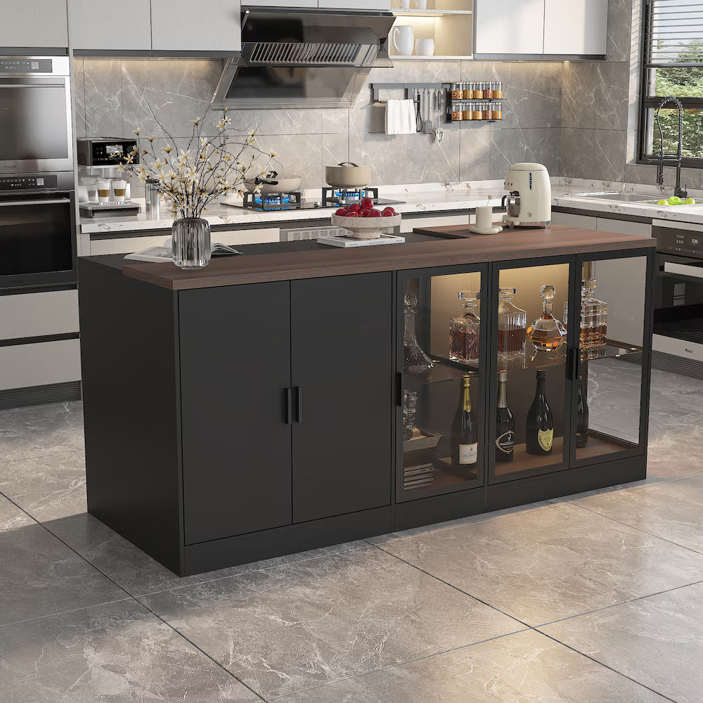 Black Kitchen Island Dining Bar Table with L-Shaped Brown Wood Countertop, 3 Drawers, Glass Doors & 3-Color LED Lights