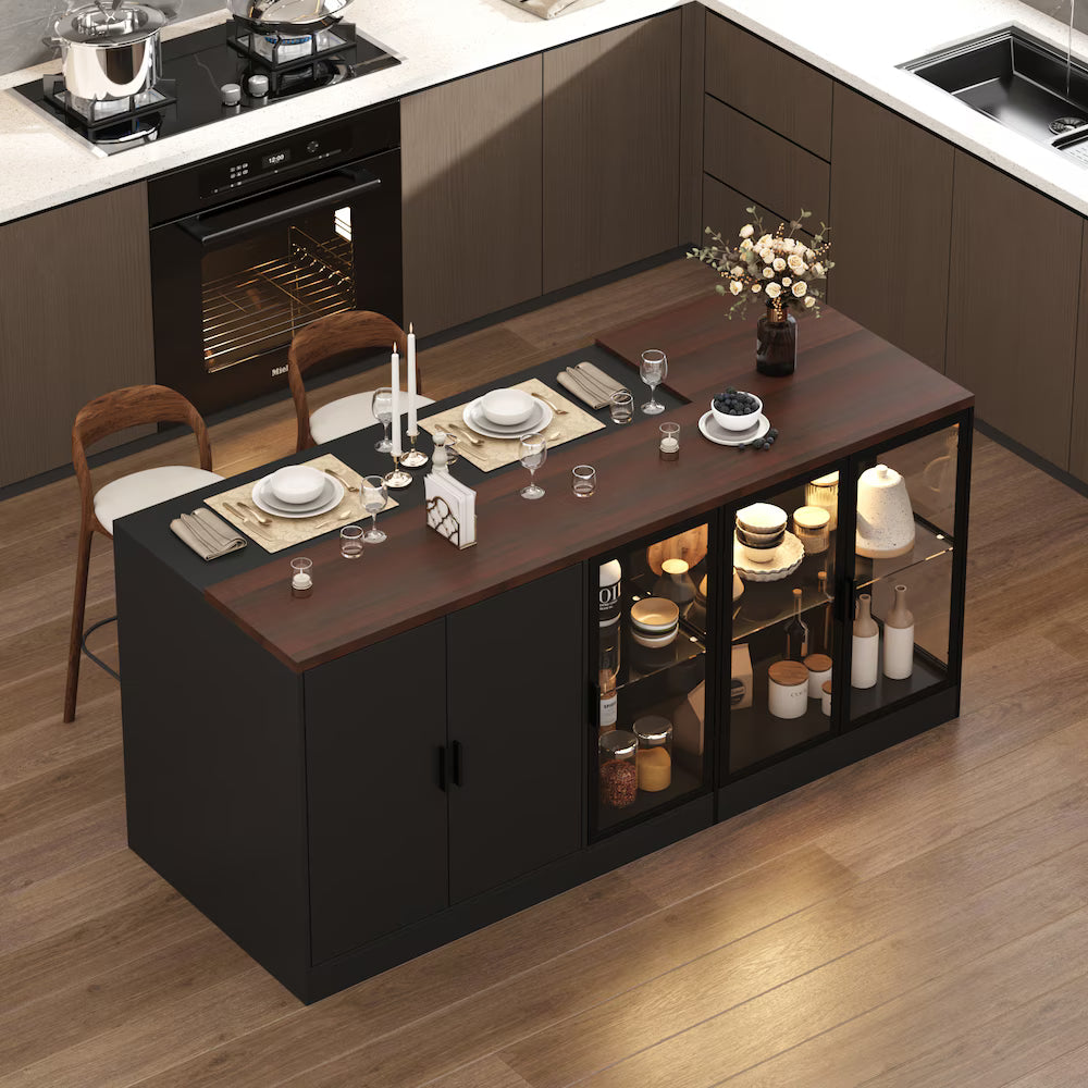 Black Kitchen Island Dining Bar Table with L-Shaped Brown Wood Countertop, 3 Drawers, Glass Doors & 3-Color LED Lights