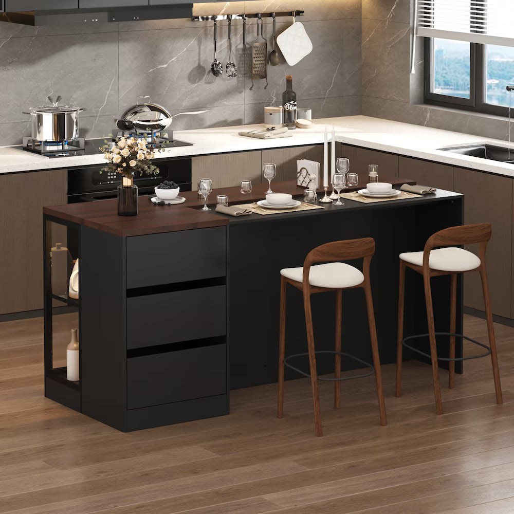 Black Kitchen Island Dining Bar Table with L-Shaped Brown Wood Countertop, 3 Drawers, Glass Doors & 3-Color LED Lights