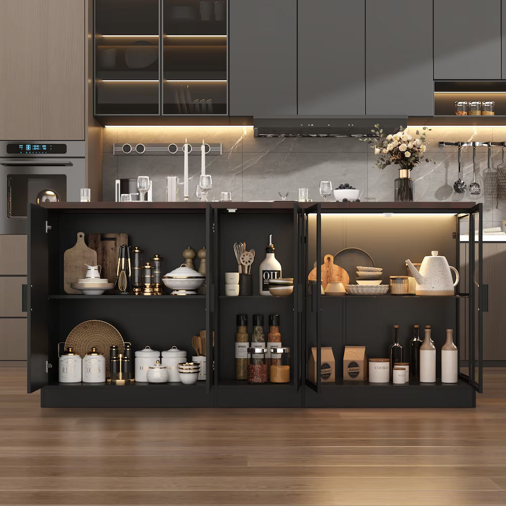 Black Kitchen Island Dining Bar Table with L-Shaped Brown Wood Countertop, 3 Drawers, Glass Doors & 3-Color LED Lights