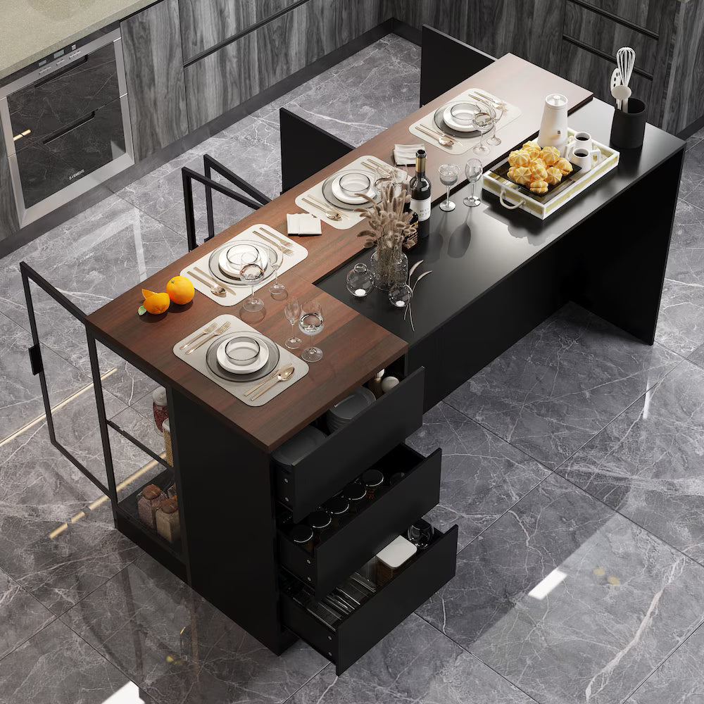 Black Kitchen Island Dining Bar Table with L-Shaped Brown Wood Countertop, 3 Drawers, Glass Doors & 3-Color LED Lights