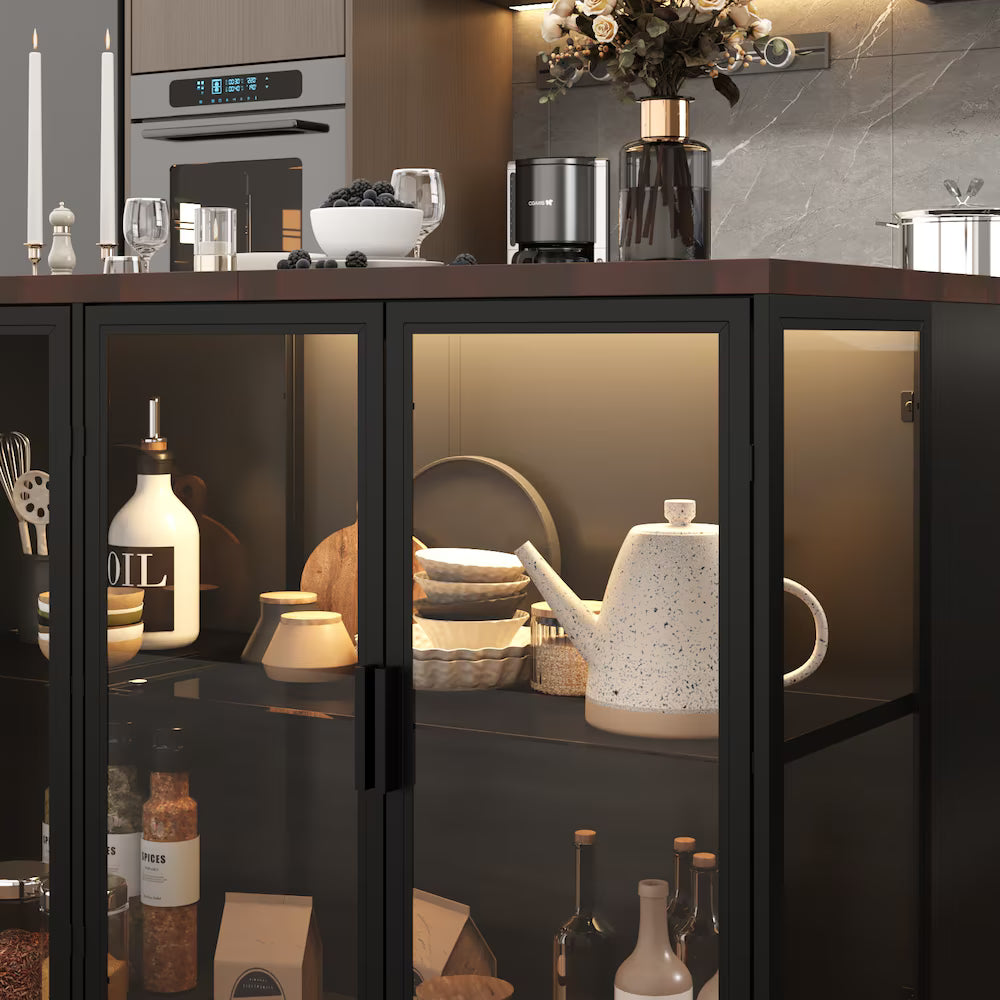 Black Kitchen Island Dining Bar Table with L-Shaped Brown Wood Countertop, 3 Drawers, Glass Doors & 3-Color LED Lights