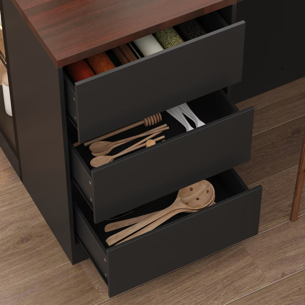 Black Kitchen Island Dining Bar Table with L-Shaped Brown Wood Countertop, 3 Drawers, Glass Doors & 3-Color LED Lights