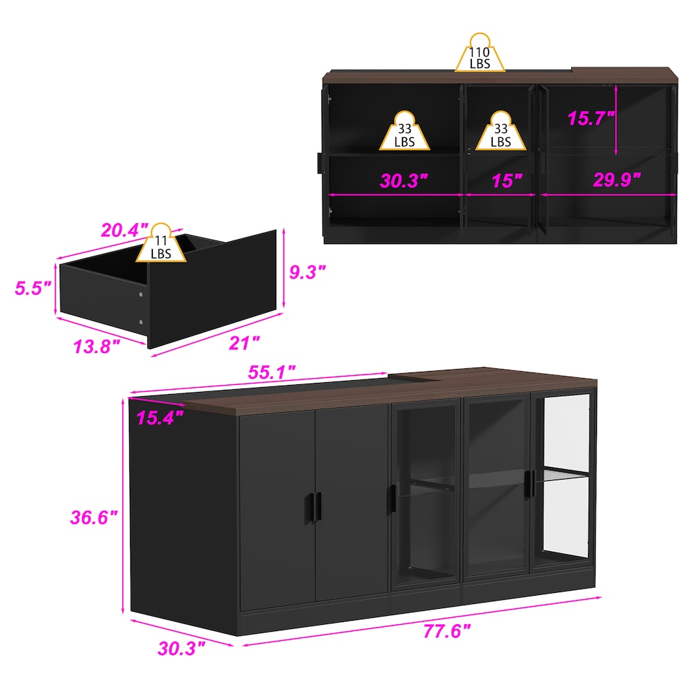 Black Kitchen Island Dining Bar Table with L-Shaped Brown Wood Countertop, 3 Drawers, Glass Doors & 3-Color LED Lights