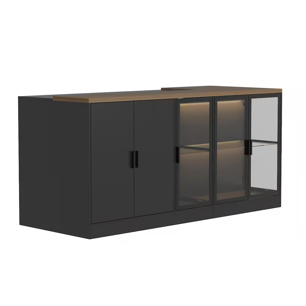 Black Kitchen Island Dining Bar Table with L-Shaped Brown Wood Countertop, 3 Drawers, Glass Doors & 3-Color LED Lights